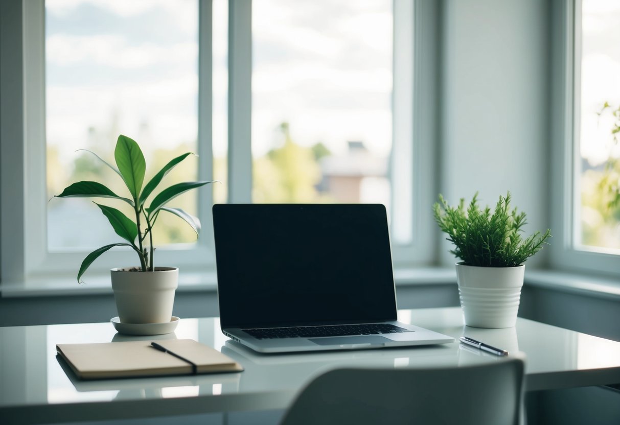 A serene, modern home office with a laptop, notebook, and pen on a clean, clutter-free desk. A large window lets in natural light, and a potted plant adds a touch of greenery