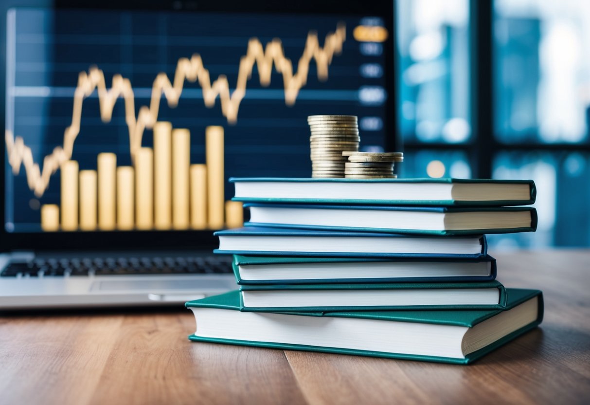 A stack of financial books with a laptop and stock market graphs in the background, symbolizing the concept of passive income and wealth building through stock market investing