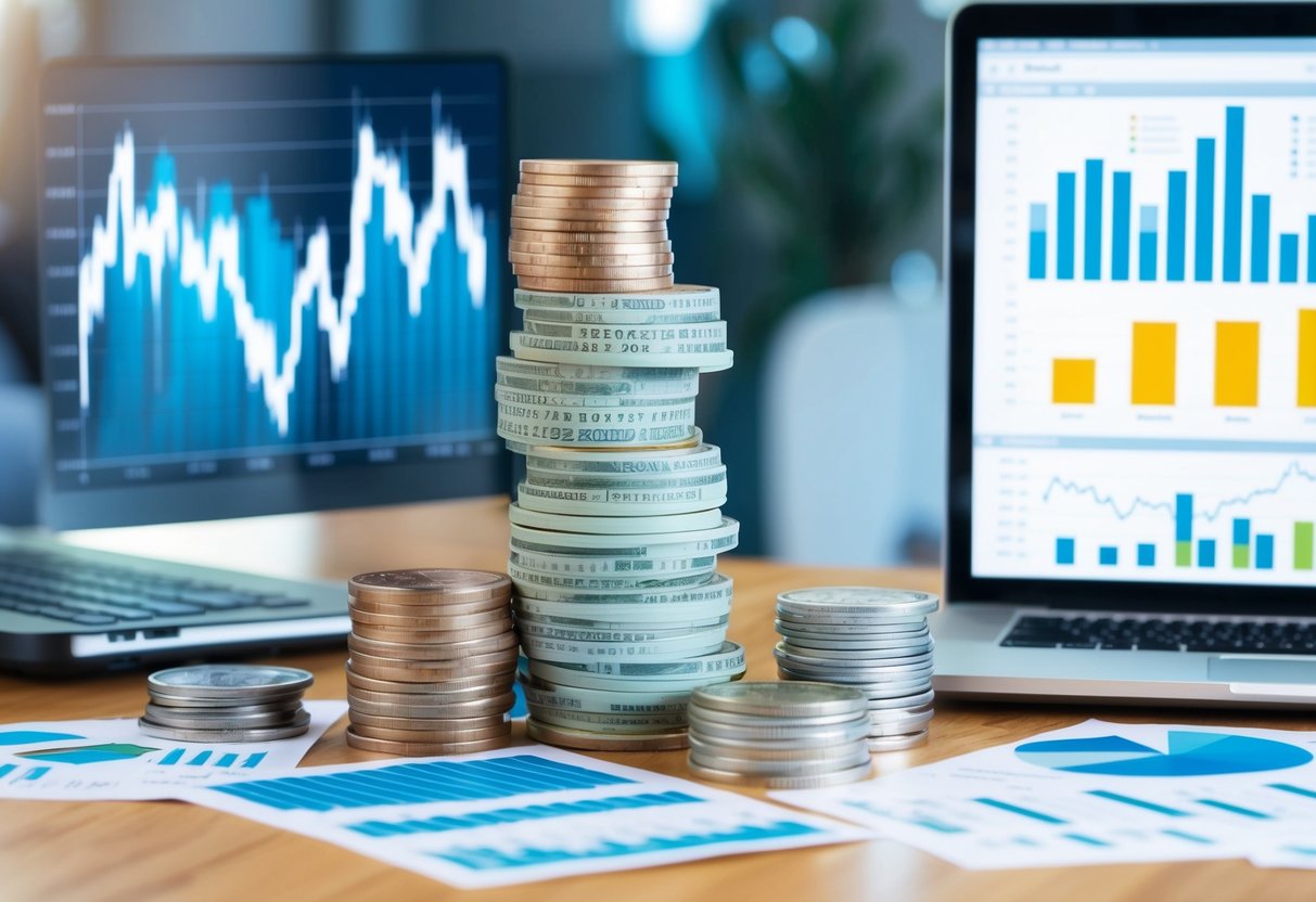 A stack of bonds and funds arranged on a table, surrounded by financial charts and graphs. A laptop displaying investment strategies sits nearby